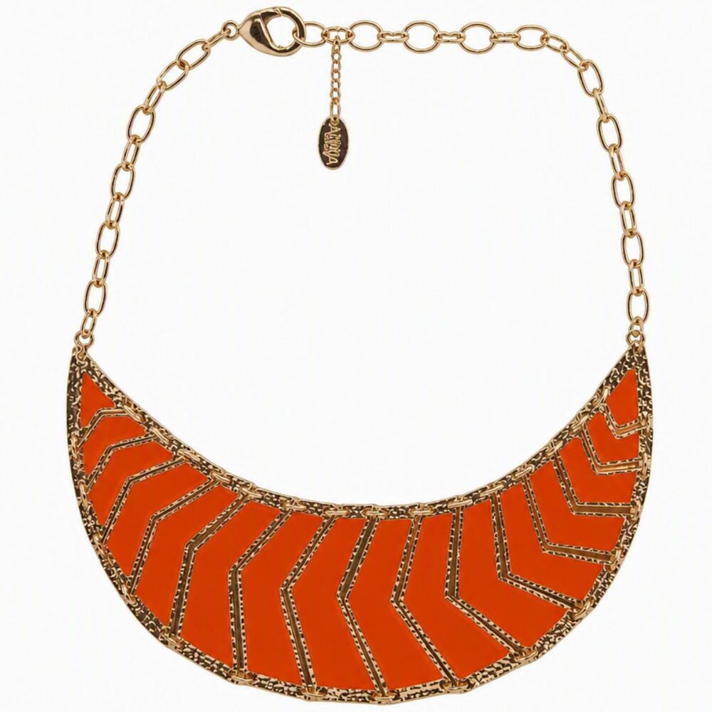 Signed Amrita Singh Neon Coral Orange Enamel Gold Tone Metal Bib Necklace 15"